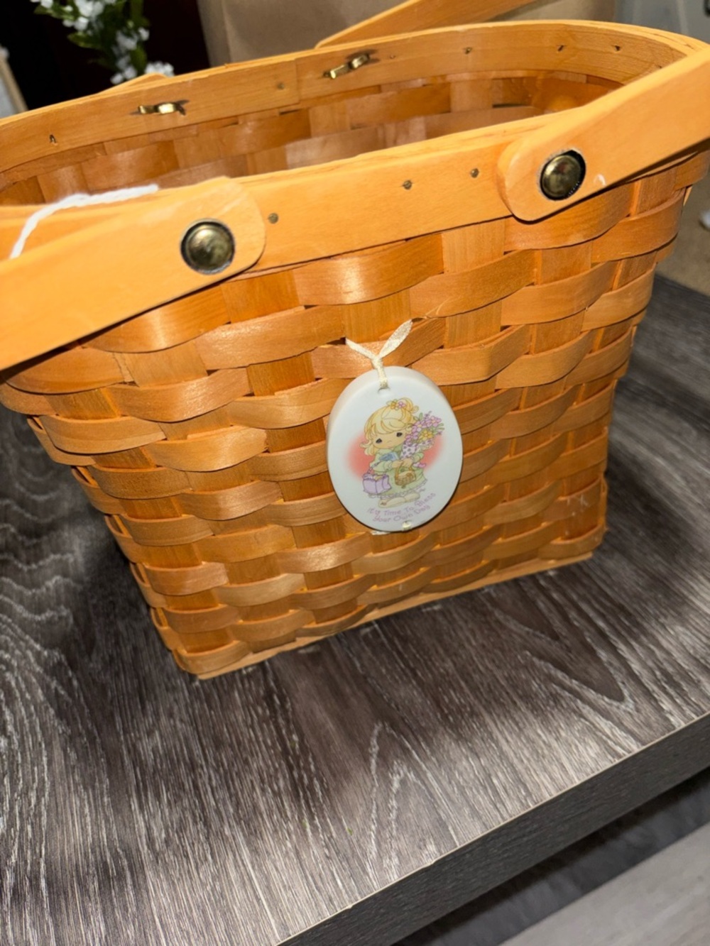 Precious Moments Woven Wood Basket in Light Brown with White Tag